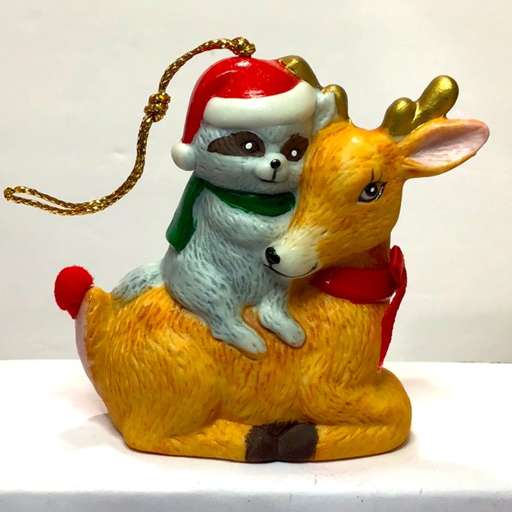 Reindeer & Raccoon Santa Ceramic Bell Ornament